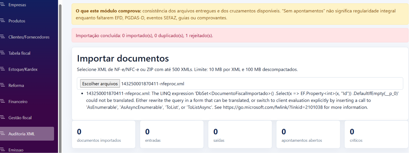 Tela de auditoria XML do FiscalPronto
